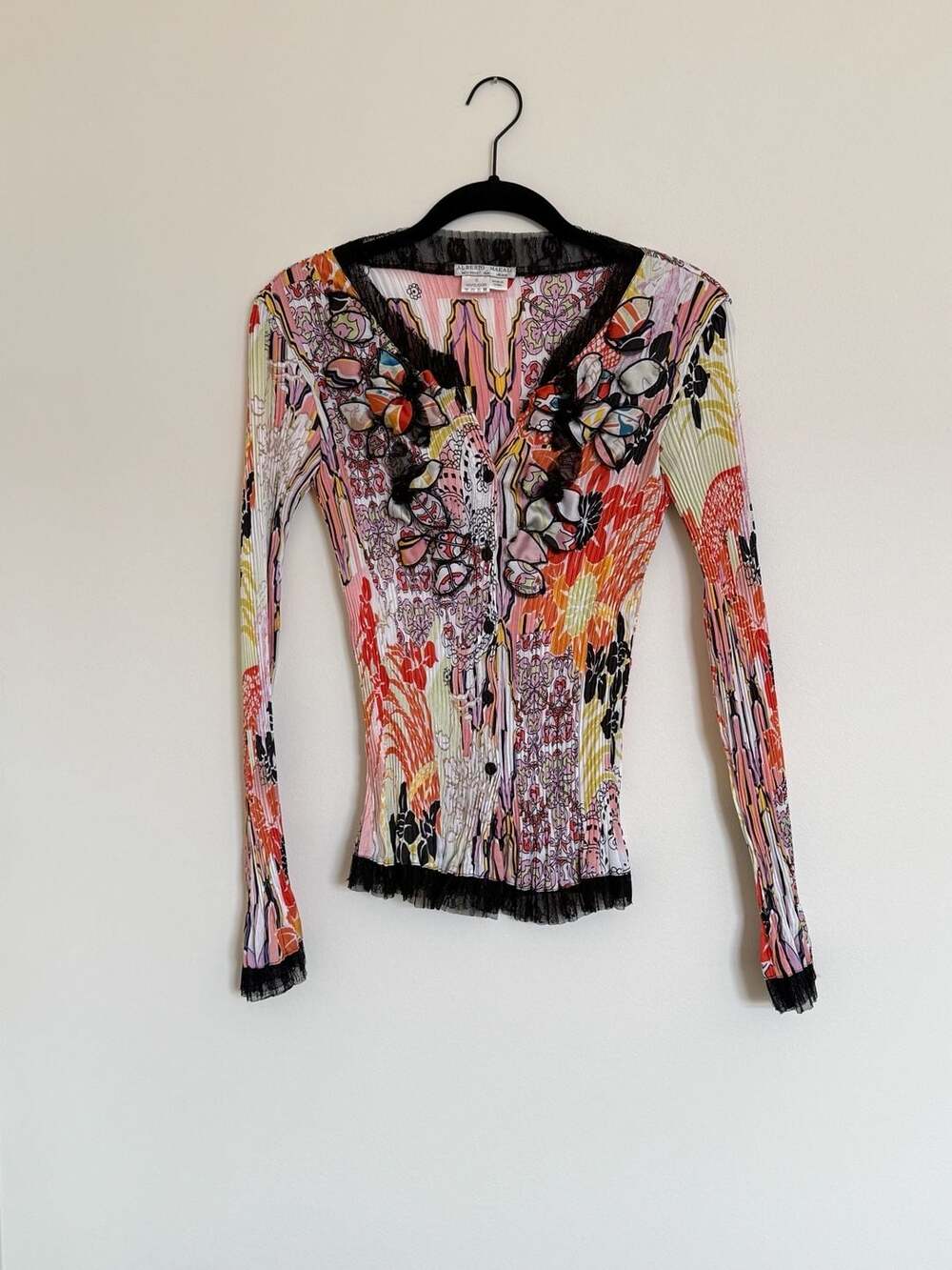 Alberto Makali Colorful Floral Pleated Long Sleeve Top 3D Flowers Size S